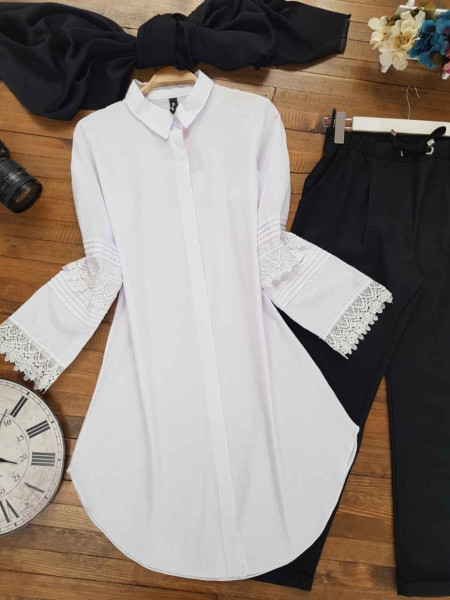  Sleeve Guipure Shirt -White
