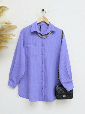 Single Pocket Button Collared Crinkle Shirt -Light Lilac