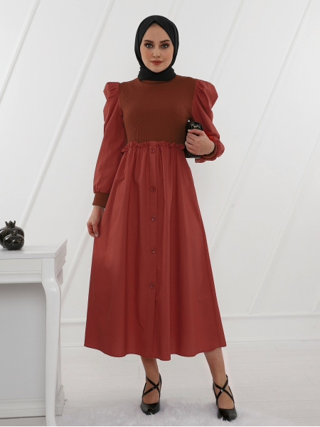 Top Knitwear Detailed Poplin Fabric Long Dress -Brick color