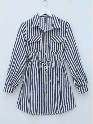 Tunic Tied Double Pocket Striped Tunic -Navy blue