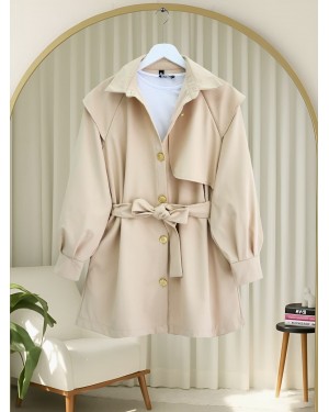 Double-Buttoned Belted Trench Coat with Brooch Buttons - Beige