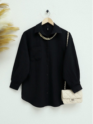 Single Pocket Button Collared Crinkle Shirt -Black