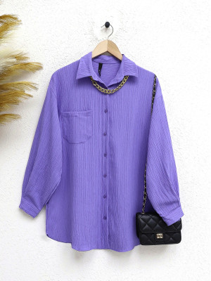Single Pocket Button Collared Crinkle Shirt - Purple