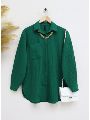 Single Pocket Button Collared Crinkle Shirt -Emerald