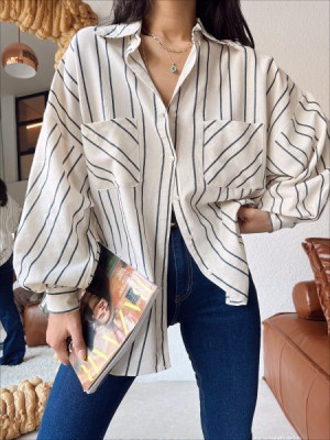 Striped Double Pocket Linen Shirt -Ecru
