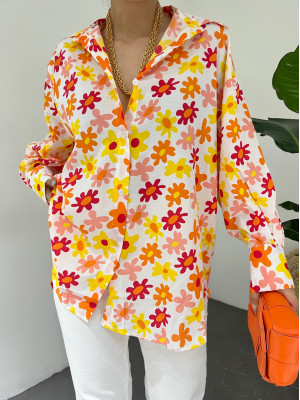 Floral Pattern Back Long Shirt -Orange