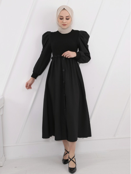Top Knitwear Detailed Poplin Fabric Long Dress -Black