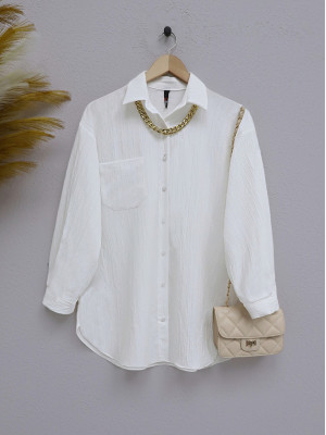 Single Pocket Button Collared Crinkle Shirt -White