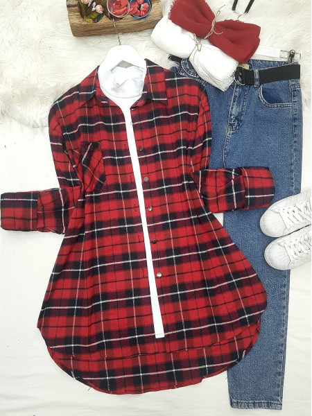 One Pocket Plaid Front Short Shirt -Red