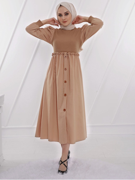 Top Knitwear Detailed Poplin Fabric Long Dress -Mink color