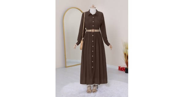 Breda Button Down Belted Dress - Brown