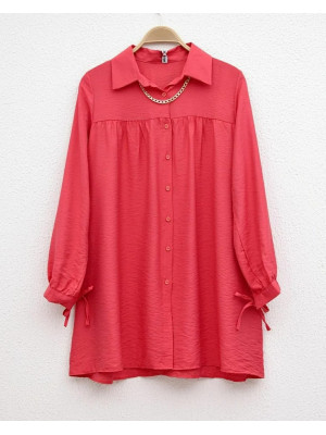 Robadan Pleated Sleeves Lace-Up Necklace Shirt -Red