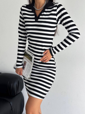 Collared Striped Long Sleeve Dress -Black