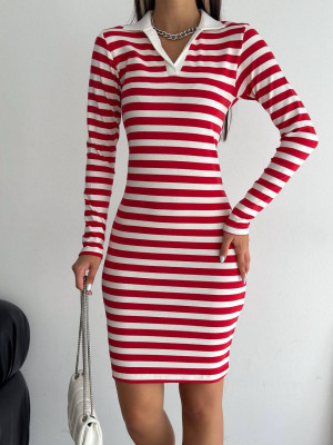 Collared Striped Long Sleeve Dress -Red