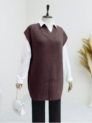 V-neck Solid Brass Knitted Long Sweater with Ribbing -Dark Coffee