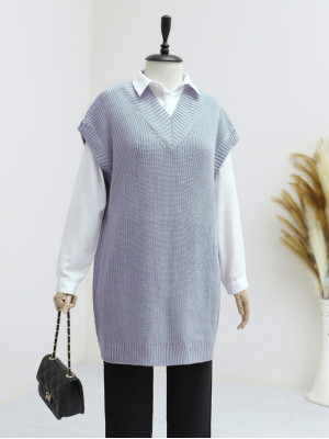 V-neck Solid Brass Knitted Long Sweater with Ribbing -Grey