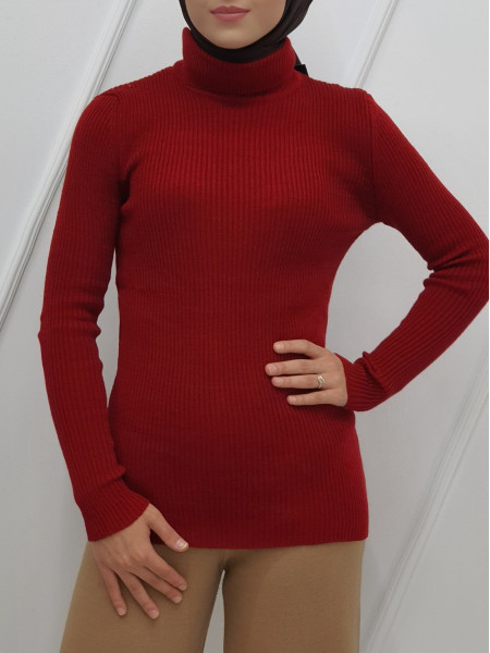 Accordion Knitted Turtleneck Body Sweater -Red