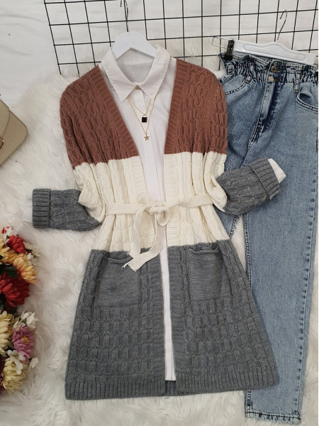Tricolor Knitted Pattern Belt Knitwear Cardigan -Powder