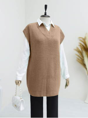 V-neck Solid Brass Knitted Long Sweater with Ribbing -Mink color