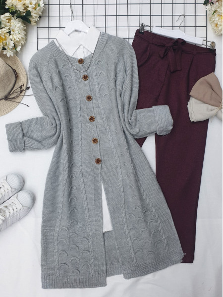 Hair Knitting Embossed Button Knitwear Cardigan -Grey