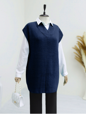 V-neck Solid Brass Knitted Long Sweater with Ribbing -Navy blue