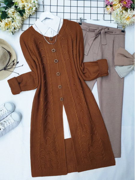 Hair Knitting Embossed Button Knitwear Cardigan -Snuff