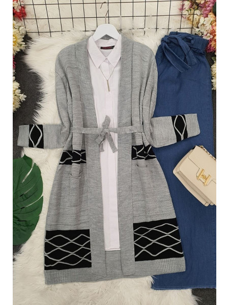 Double Color Layered Cardigan -Grey