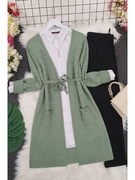 Belted Pompom Thin Cardigan -Green