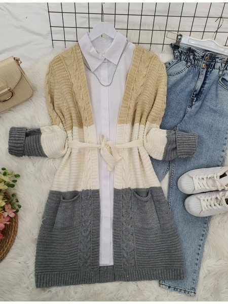 Belted Double Pocket Tricolor Knitwear Cardigan -Cream color