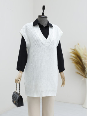 V-neck Solid Brass Knitted Long Sweater with Ribbing -White