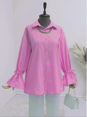 Shirt with gathered sleeves and pleated back -Pink