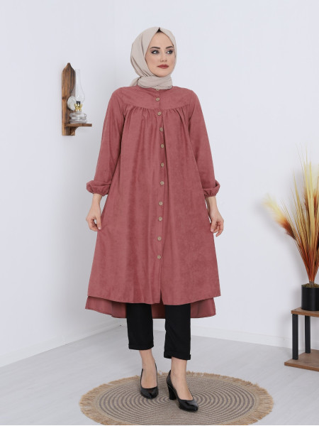 Robadan Pleated Buttoned Pocketed Suede Tunic -Powder