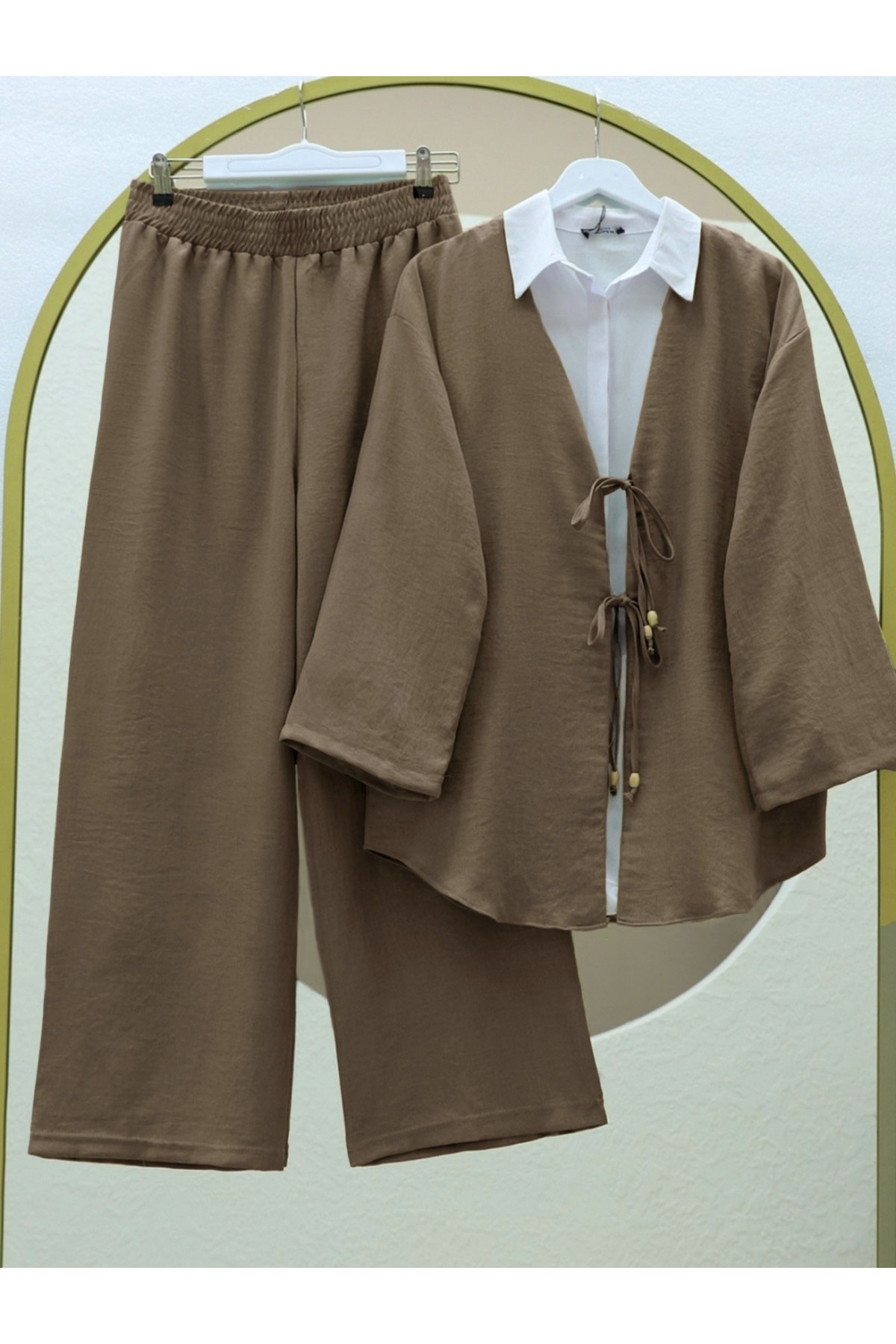 Önü Çift Bağlamalı Pantolonlu Kimono Takım      -Açık Kahve