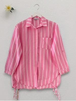 قميص مخطط مع جيوب جانبية -وردي