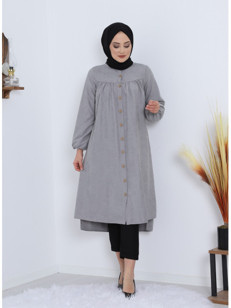 Robadan Pleated Buttoned Pocketed Suede Tunic -Grey