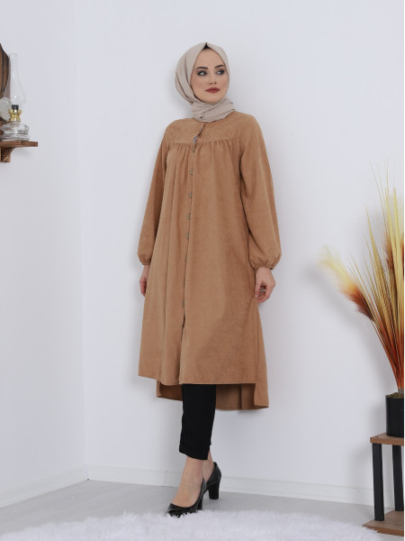 Robadan Pleated Buttoned Pocketed Suede Tunic -Mink color