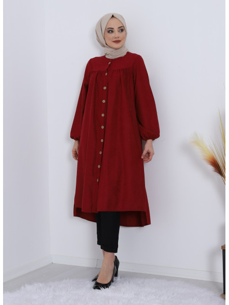 Robadan Pleated Buttoned Pocketed Suede Tunic -Maroon