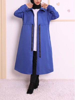 Stand Up Collar Tunnel Laced Trench Coat -Saxe 