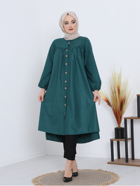 Robadan Pleated Buttoned Pocketed Suede Tunic -Emerald