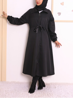 Stand Up Collar Tunnel Laced Trench Coat -Black