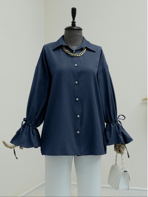 Shirt with gathered sleeves and pleated back -Navy blue