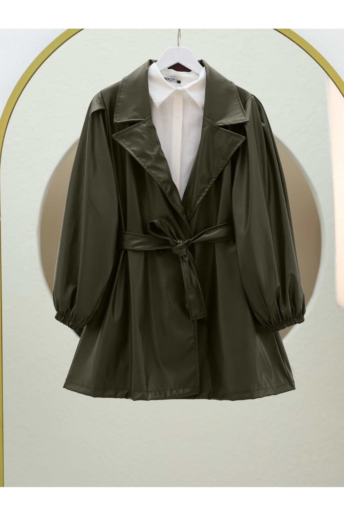 Double Pocket Buttoned Elastic Sleeve Leather Coat -Khaki