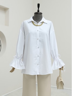 Shirt with gathered sleeves and pleated back -White