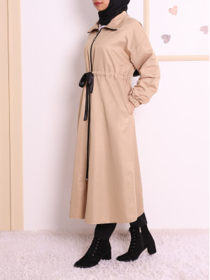 Stand Up Collar Tunnel Laced Trench Coat -Mink color