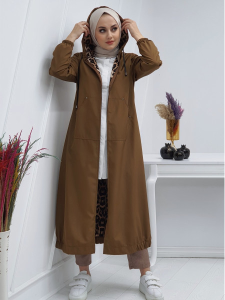 Long Trench Coat With Hooded Sleeve And Elastic Skirt -Snuff