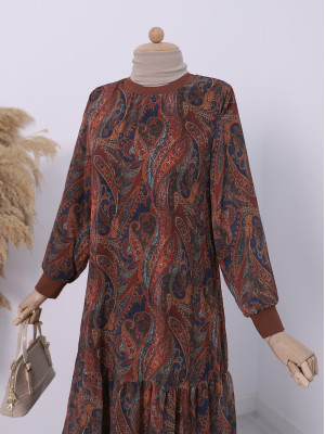Ethnic Pattern Skirt Piece Lined Chiffon Dress -Brown