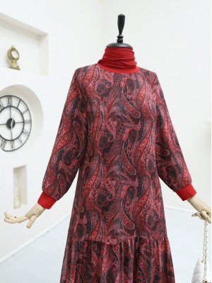 Etnik Desen Eteği Parçalı Astarlı Şifon Elbise   -Kırmızı
