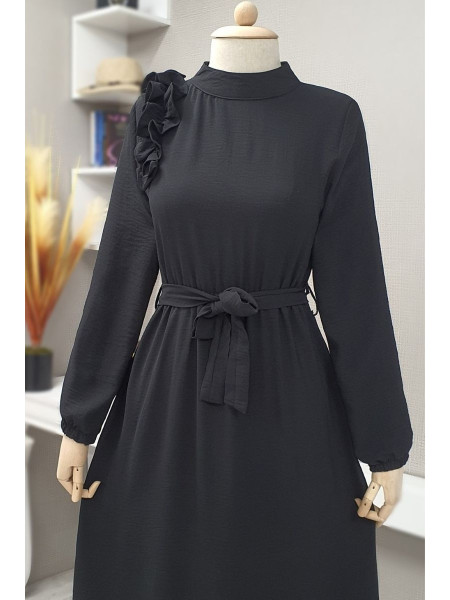 Frilly Long Ayrobin Dress -Black