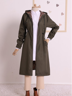 Hooded Side Pocket Hijab Trench Coat -Camouflage