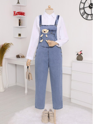 Teddy Bear Detail Suspended Side Buttons Denim Overalls  -Ice Blue